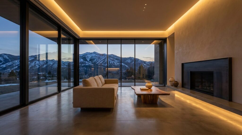 Ultra-luxury custom home interior with radiant floor heating and no visible HVAC equipment