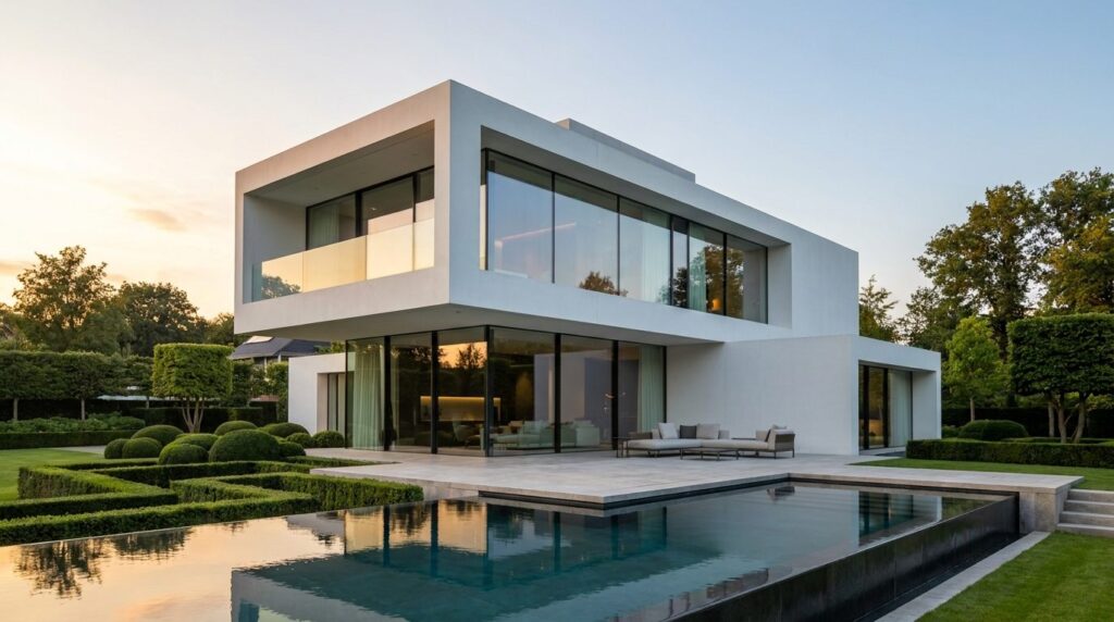 Ultra-luxury modern cubic home with geometric garden and infinity pool at golden hour