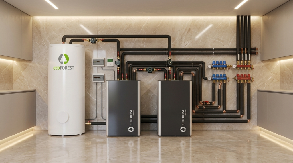 ecoGEO+ geothermal heat pump units with insulated hydronic piping, circulator pumps and ACS tank in premium mechanical room