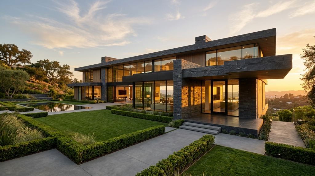 Luxury modern home exterior with no outdoor HVAC equipment — geothermal heat pump installed underground