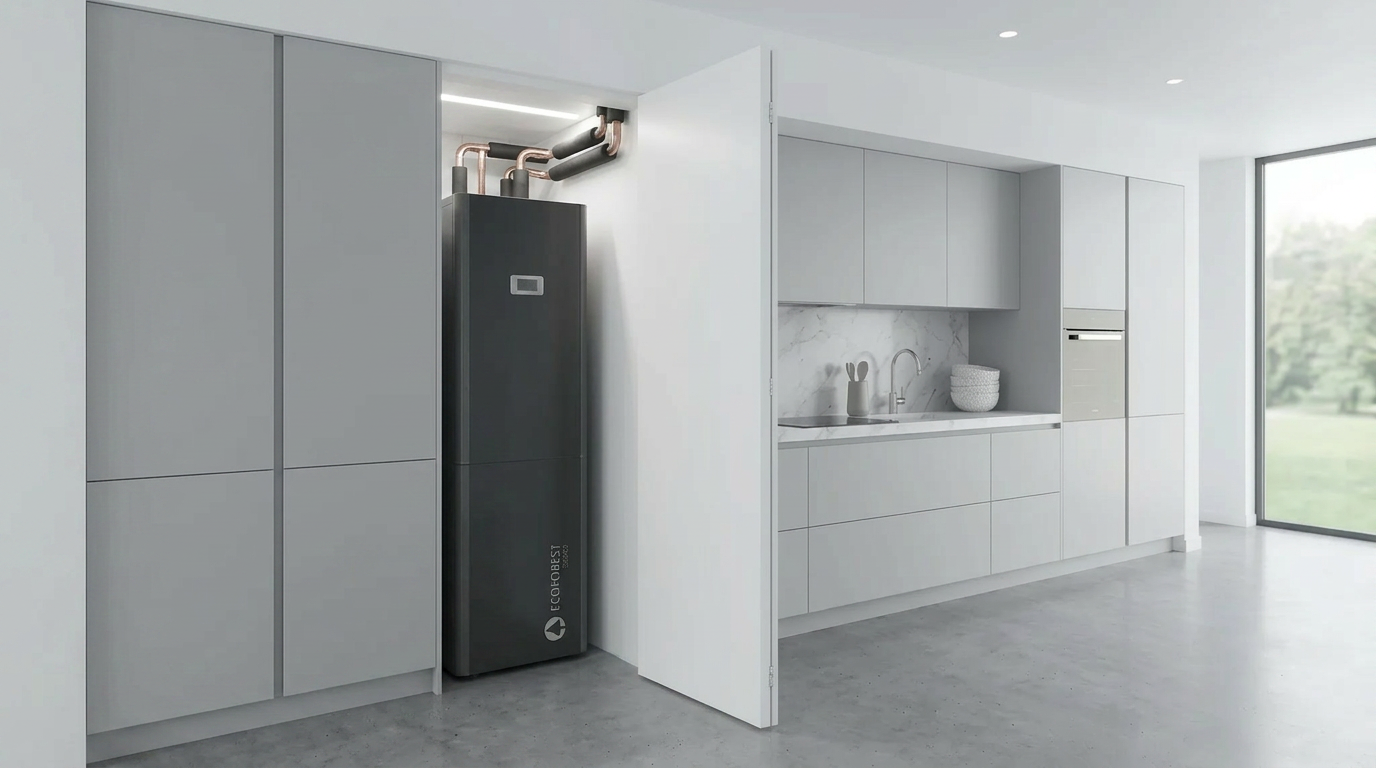 ecoGEO+ Compact heat pump installed in a very narrow closet niche next to a luxury apartment kitchen