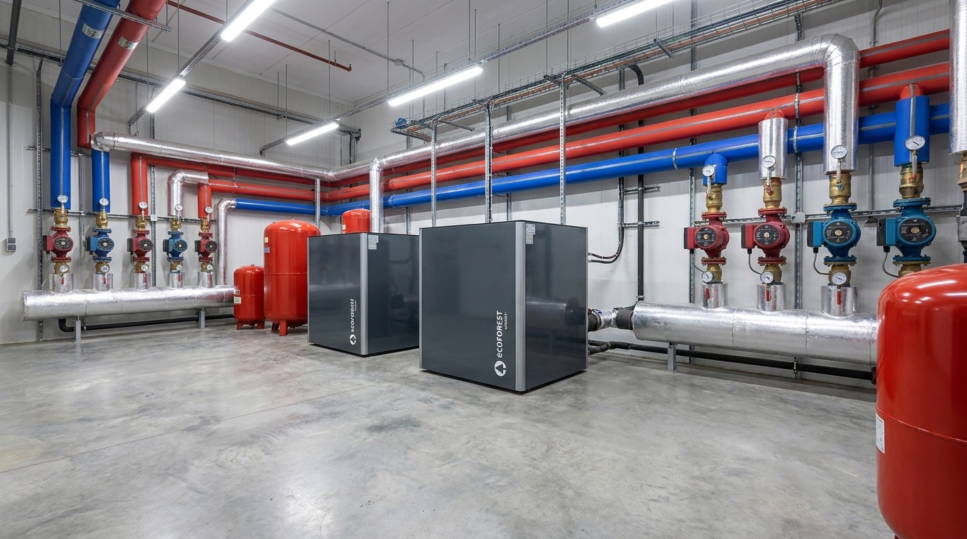 ecoGEO+ HP commercial geothermal units in a large modern building mechanical room with four insulated hydronic pipe runs