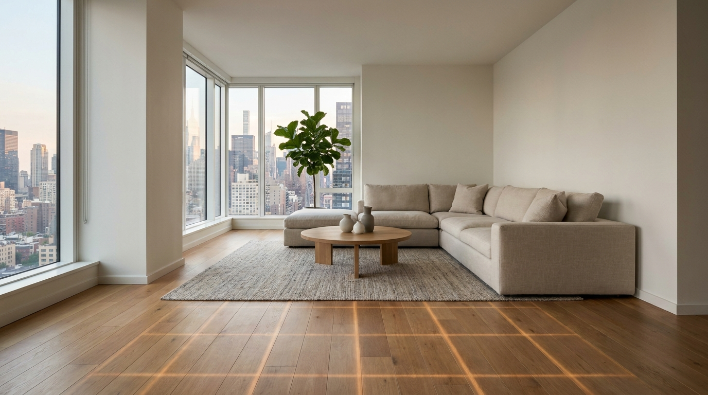 Modern luxury apartment interior with no visible HVAC equipment, clean Scandinavian design and radiant floor heating