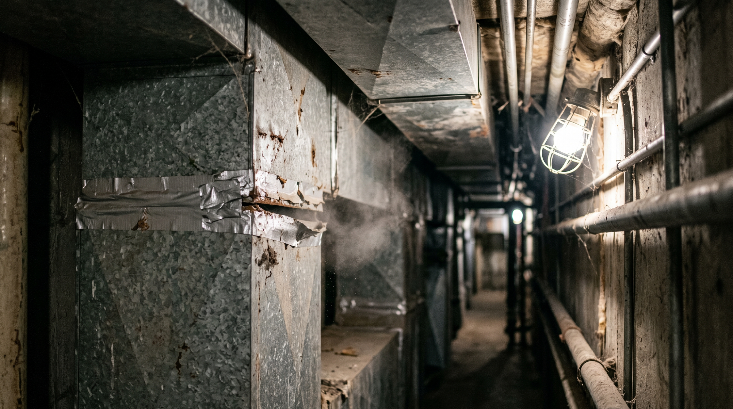 Old worn sheet-metal air ducts in a cramped mechanical corridor, dented and patched with duct tape, taking up most of the available space