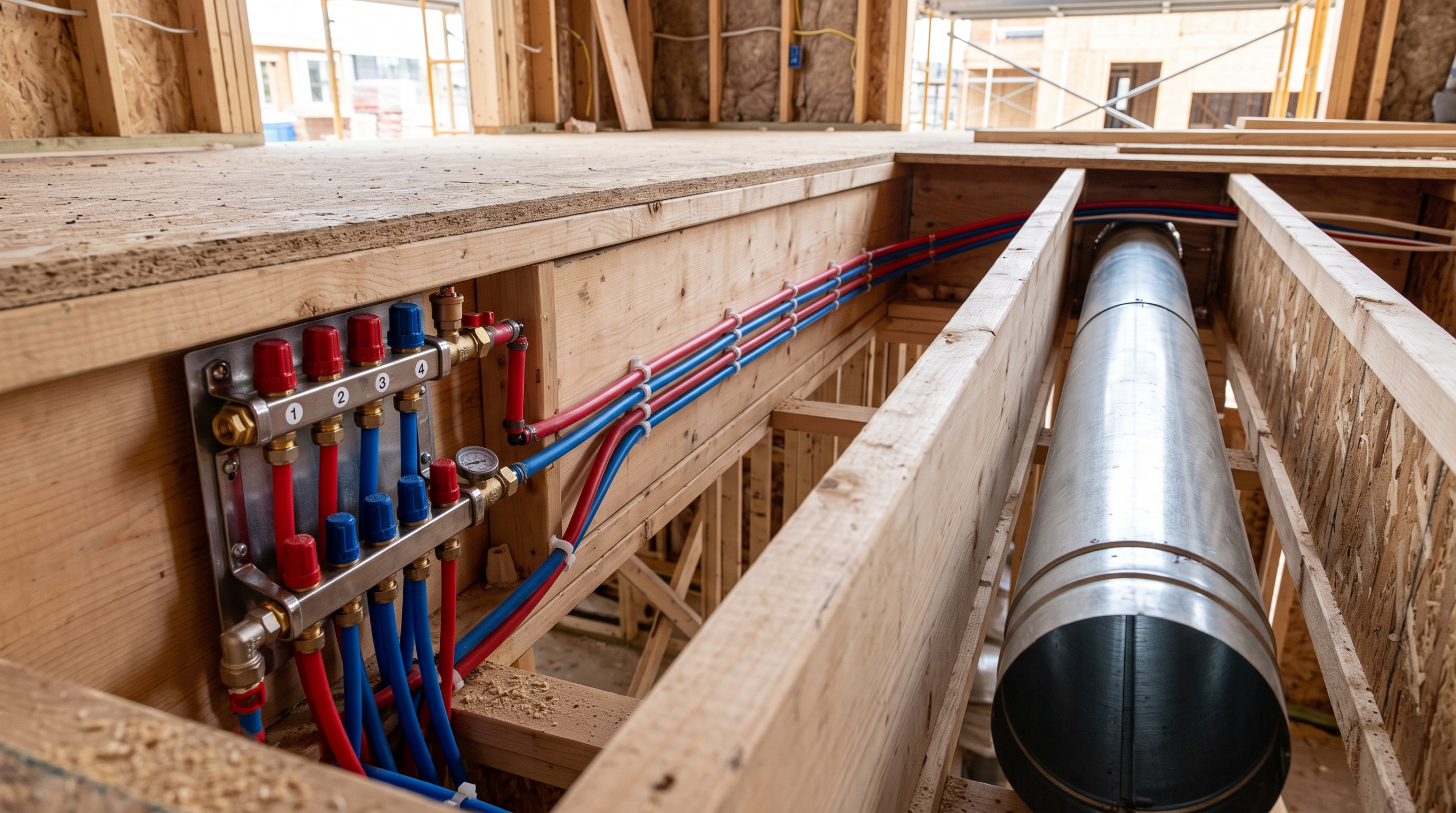 Clean small-diameter hydronic PEX piping neatly installed in a wooden floor joist bay, with a compact manifold visible