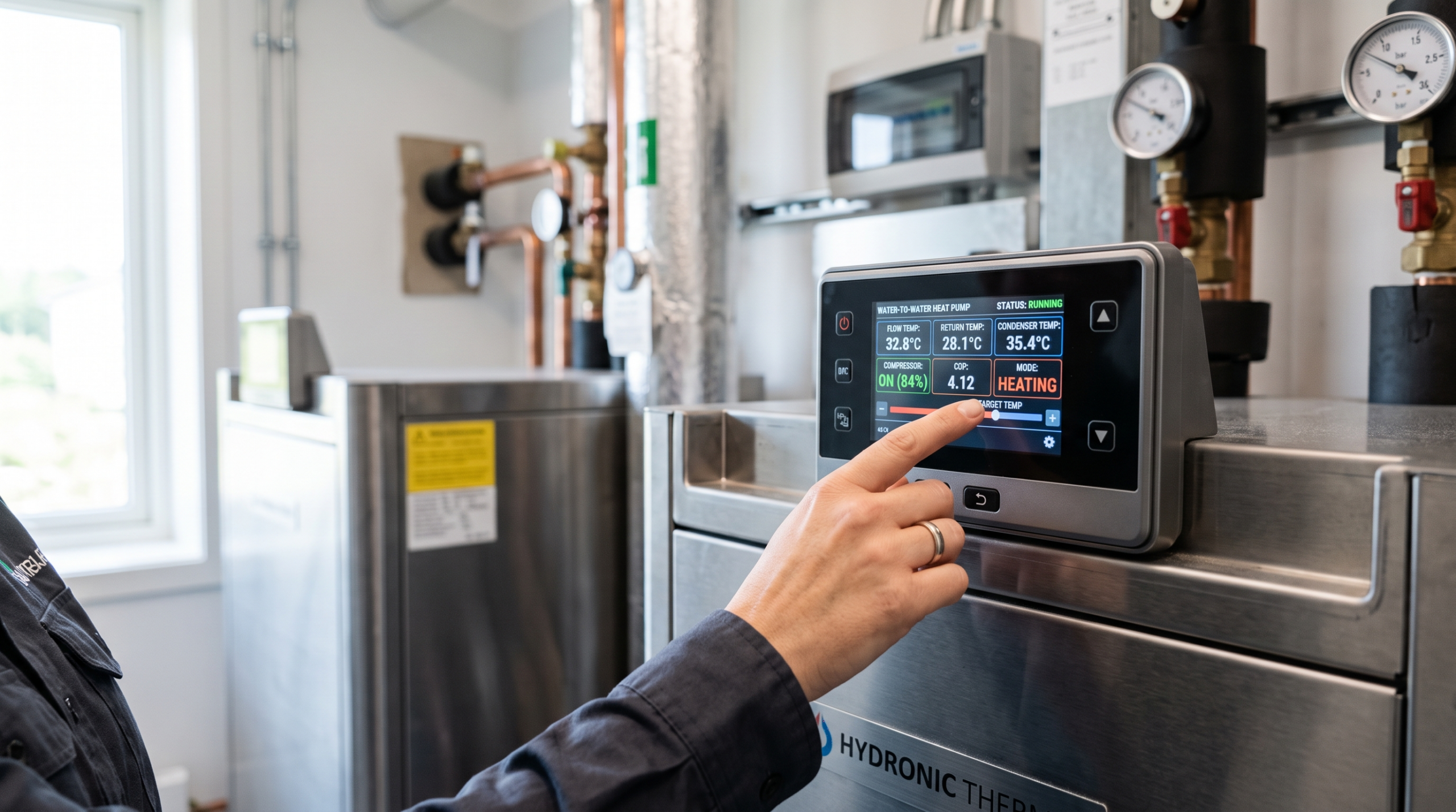 Technician's hand adjusting the touchscreen control panel on a water-to-water heat pump, showing real-time COP and flow temperature data in a mechanical room