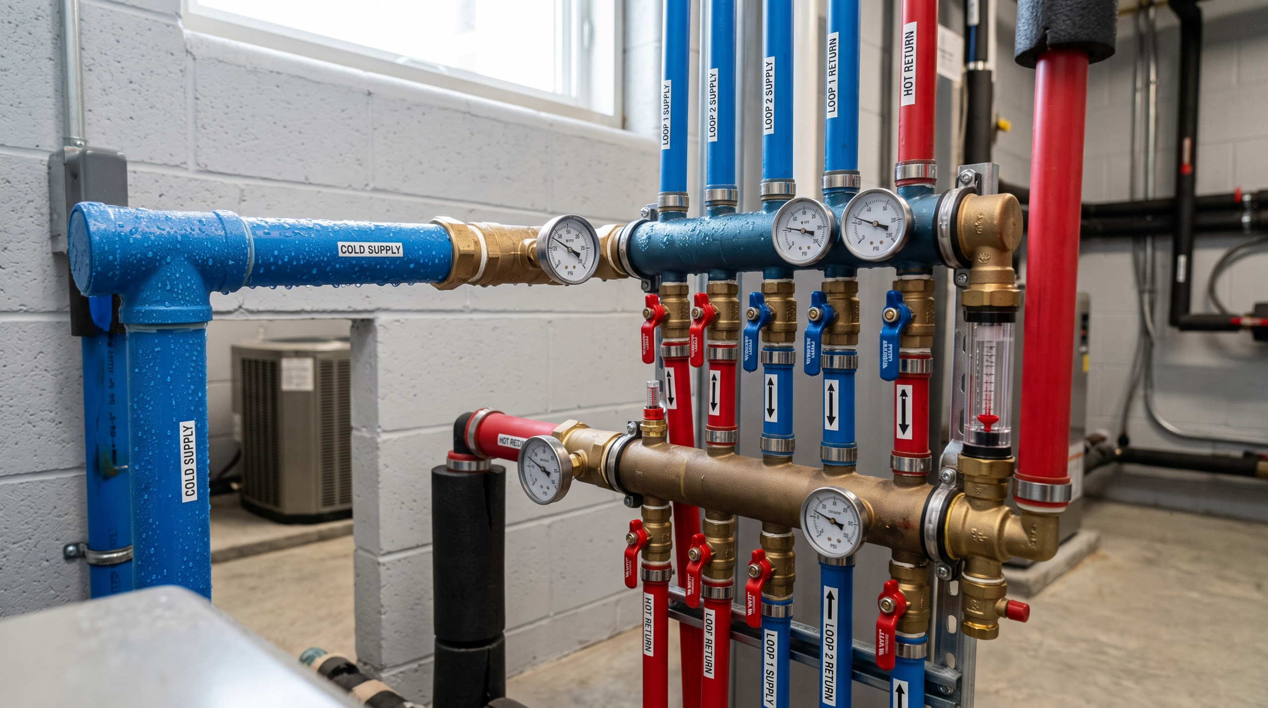 Close-up of a geothermal ground loop manifold with color-coded supply and return pipes and pressure gauges in a mechanical room