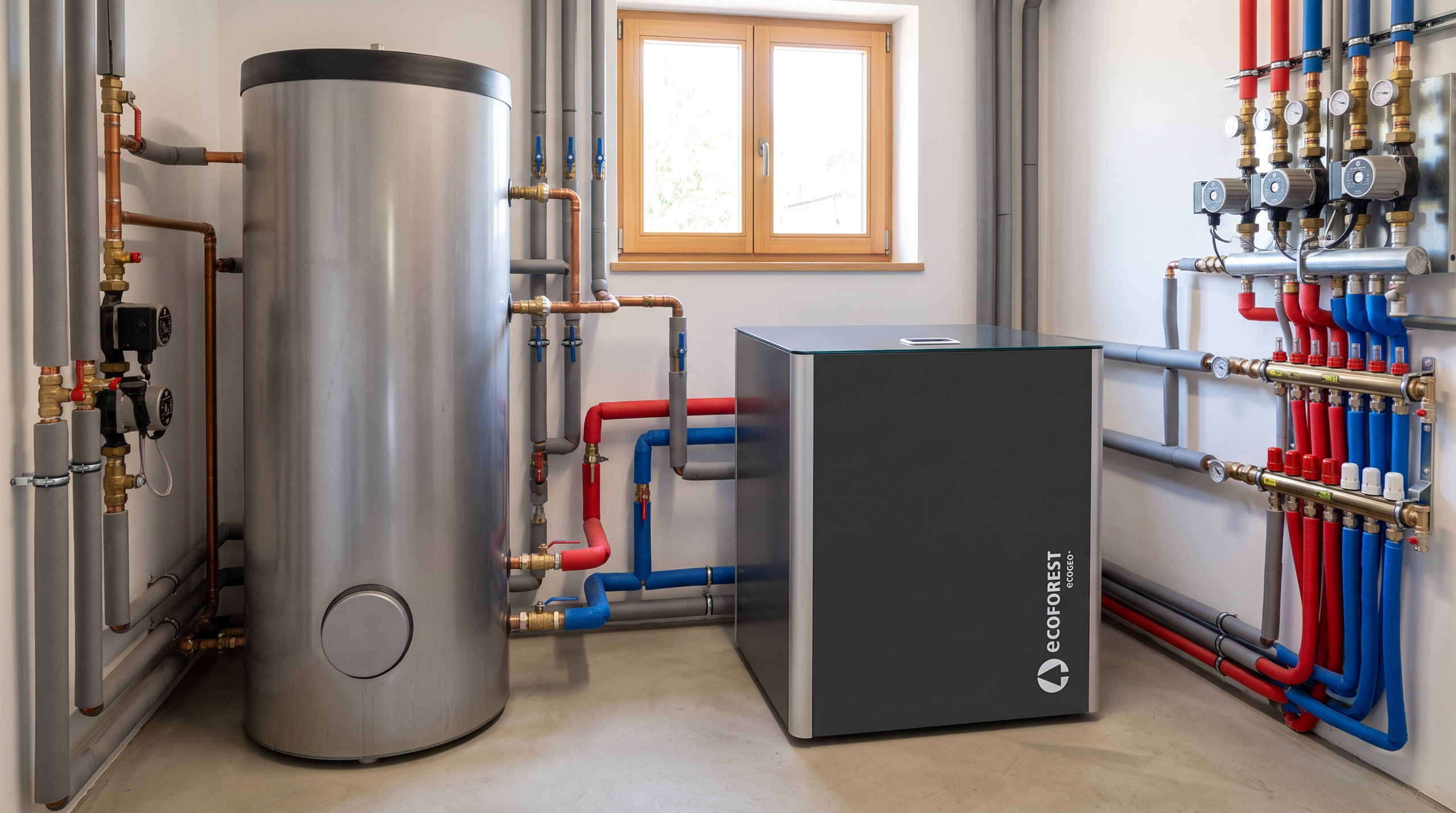 Stainless steel domestic hot water tank connected to a water-to-water heat pump via insulated pipes in a mechanical room