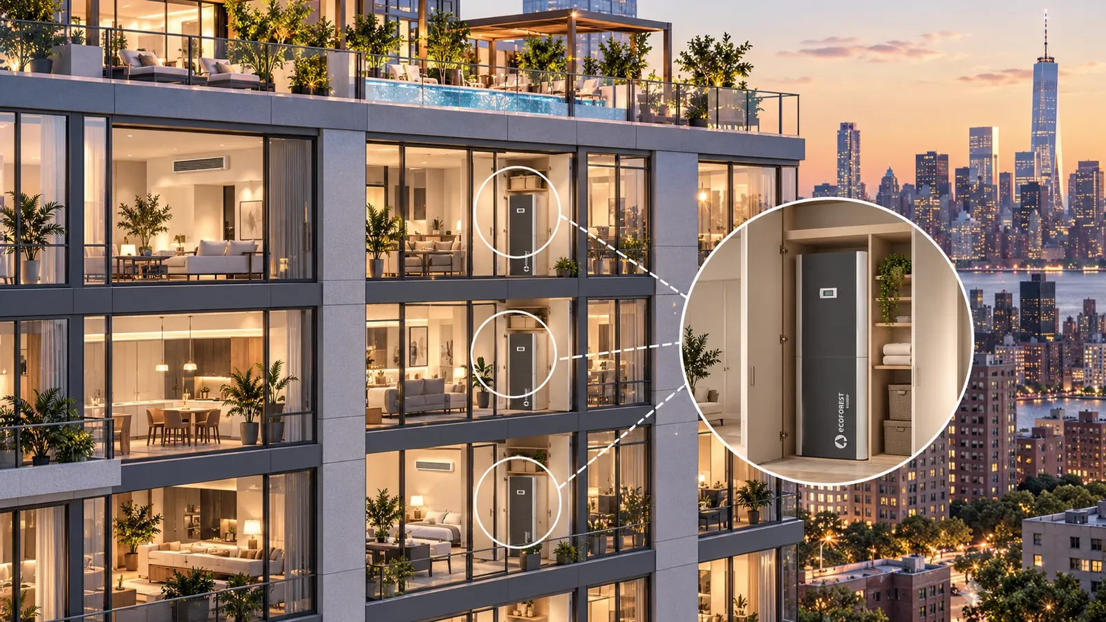 A residential tower at dusk, with a close-up of an ecoGEO+ unit in the closet of an apartment
