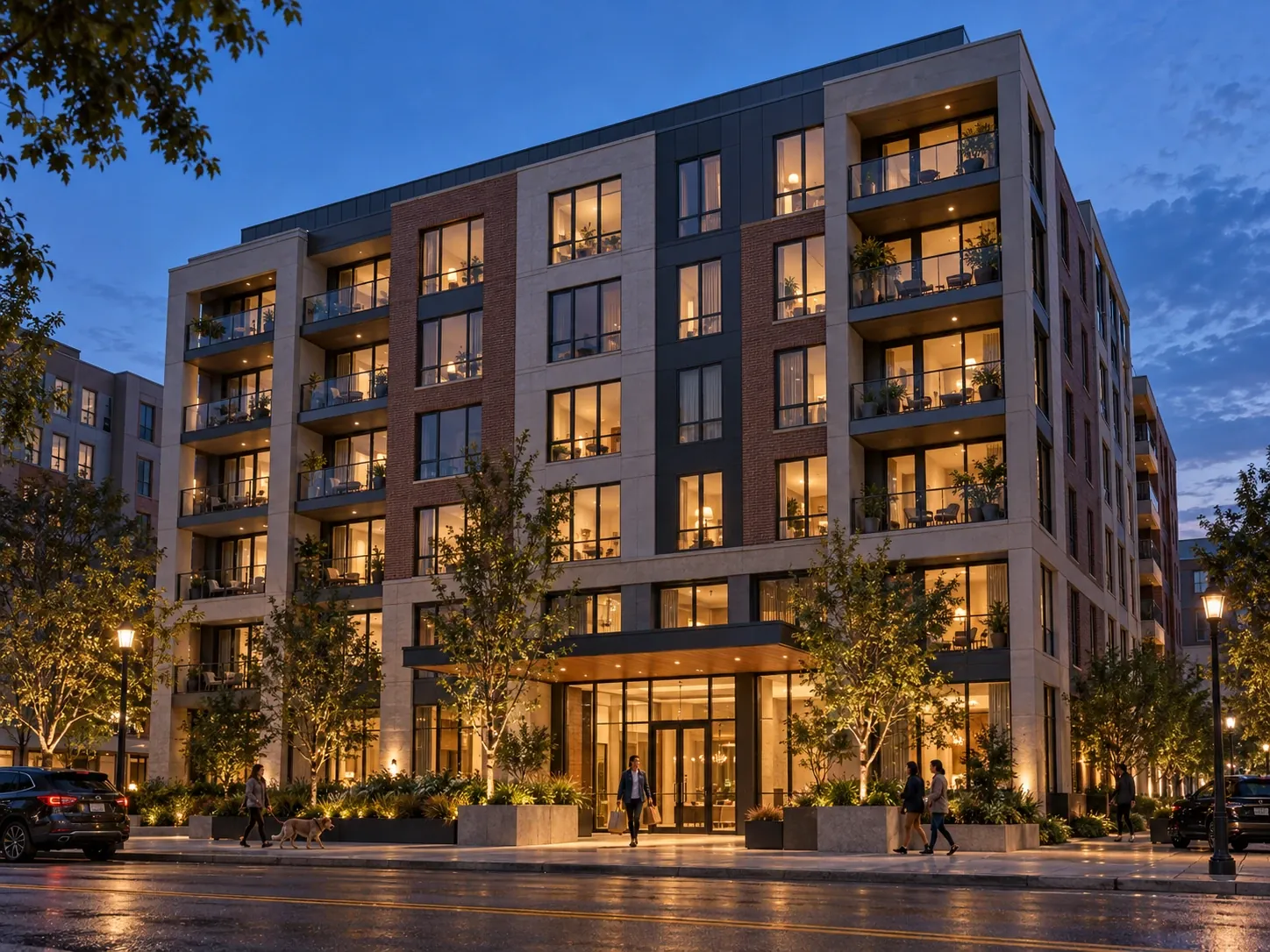A six-storey apartment building at dusk with warm lit windows, balconies and a glass entrance lobby, with a clean roof and no outdoor equipment