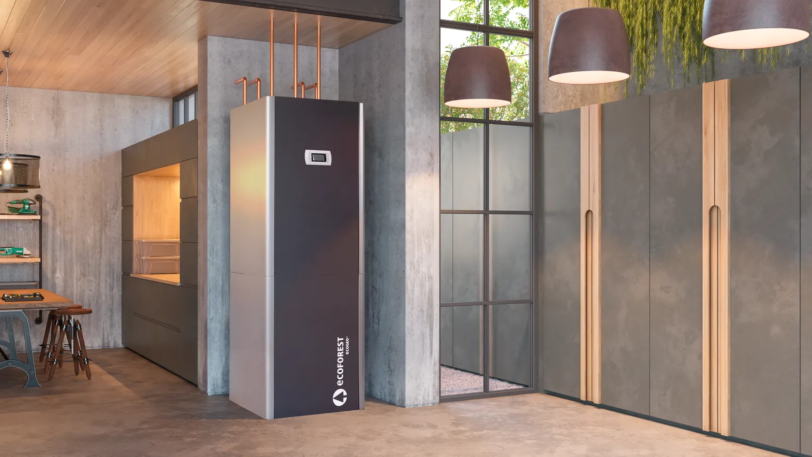A tidy plant room with an ecoGEO+ Compact unit standing in a niche, with no tanks or duct trunks