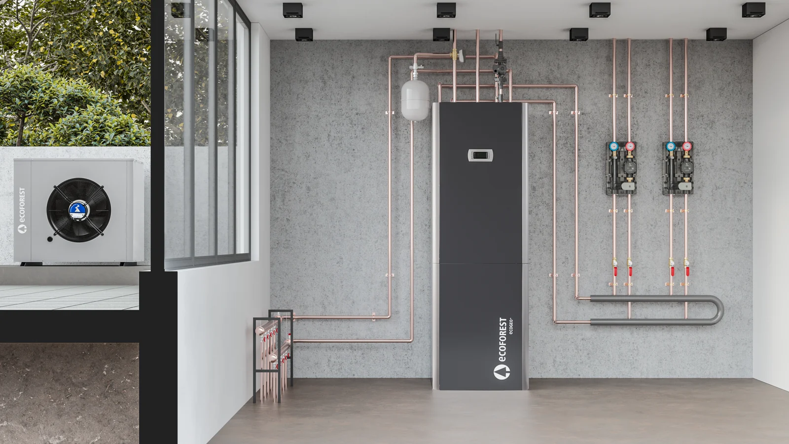 An ecoGEO+ Compact heat pump inside a building with an AU Neo outdoor unit on the lawn
