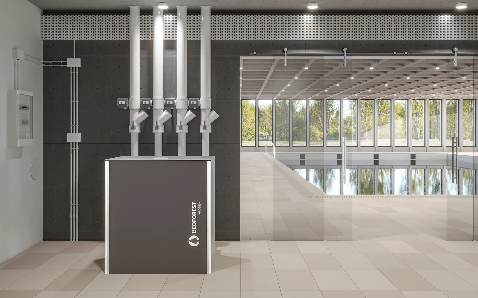 An ecoGEO+ HP heat pump in a large plant hall beside a swimming pool