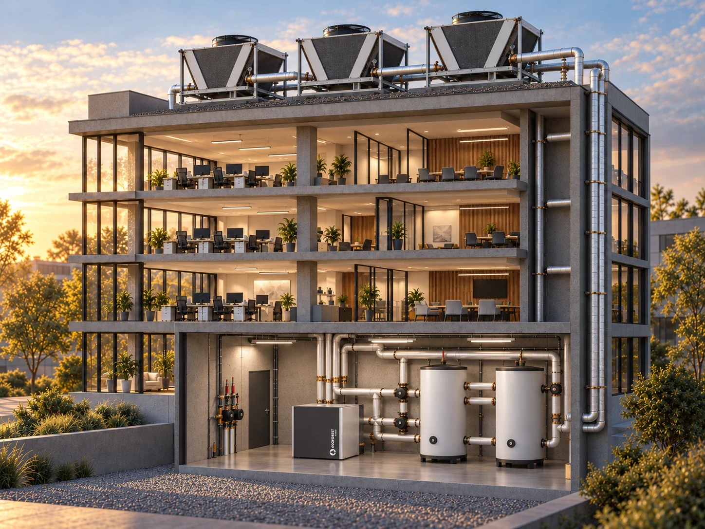 A four-storey office building cut open, with three dry coolers on the roof and an ecoGEO+ HP, two tanks and insulated pipes in the plant room
