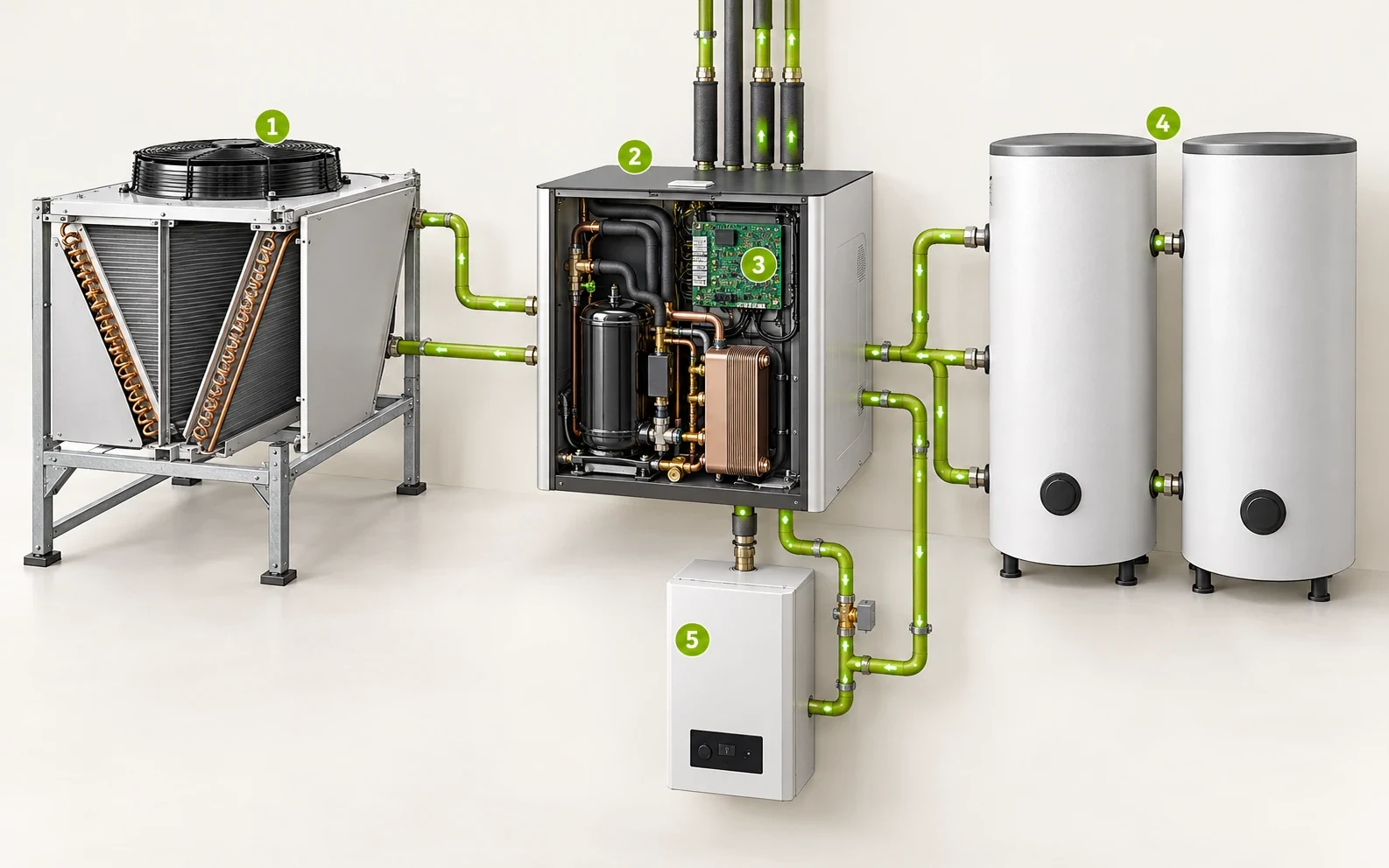 The system side by side: a dry cooler, an ecoGEO+ HP with its front opened to show the compressor, the exchanger and the controller board, two tanks and a boiler, joined by green pipes