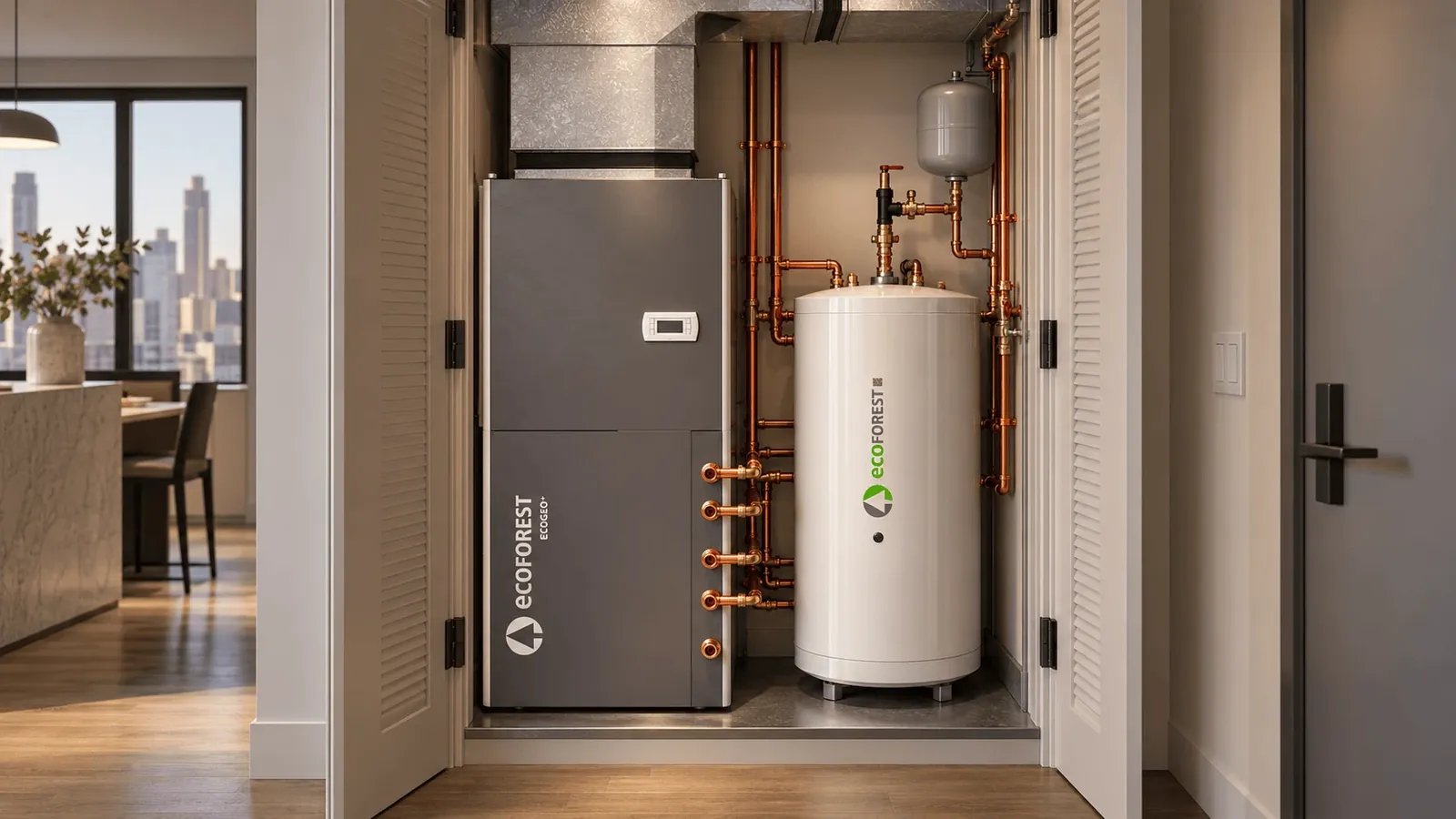 An ecoGEO+ WWA in an apartment closet with its air ducts, copper pipes, an expansion vessel and a hot water tank beside it