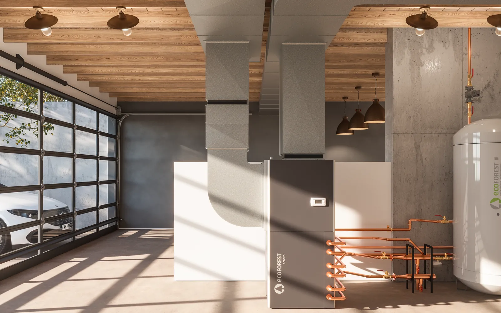 An ecoGEO+ WWA heat pump with an air handler on top, with its ducts and six copper pipes