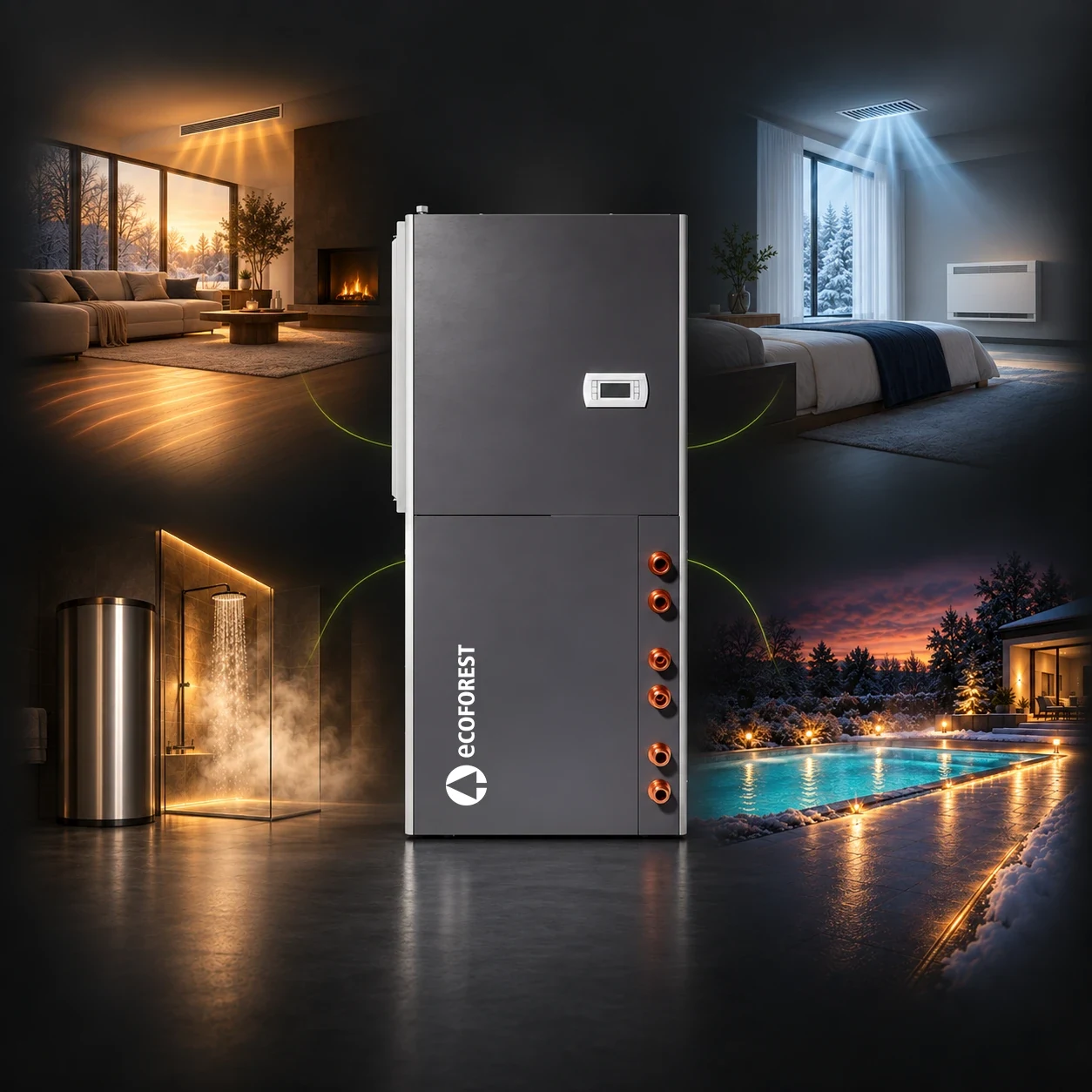 The ecoGEO+ WWA heat pump in the centre, surrounded by a warm living room, a cool bedroom, a hot shower and a heated pool beside a snow-melted path