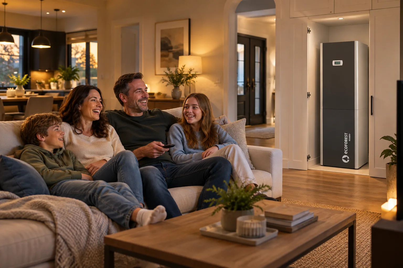 A family laughing together on a sofa in the evening, with an ecoGEO+ Compact unit standing in an open closet in the hallway behind them
