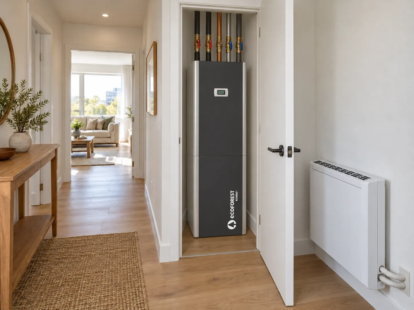 An ecoGEO+ Compact unit standing in a hallway closet of an apartment, with a slim fan coil on the wall beside it