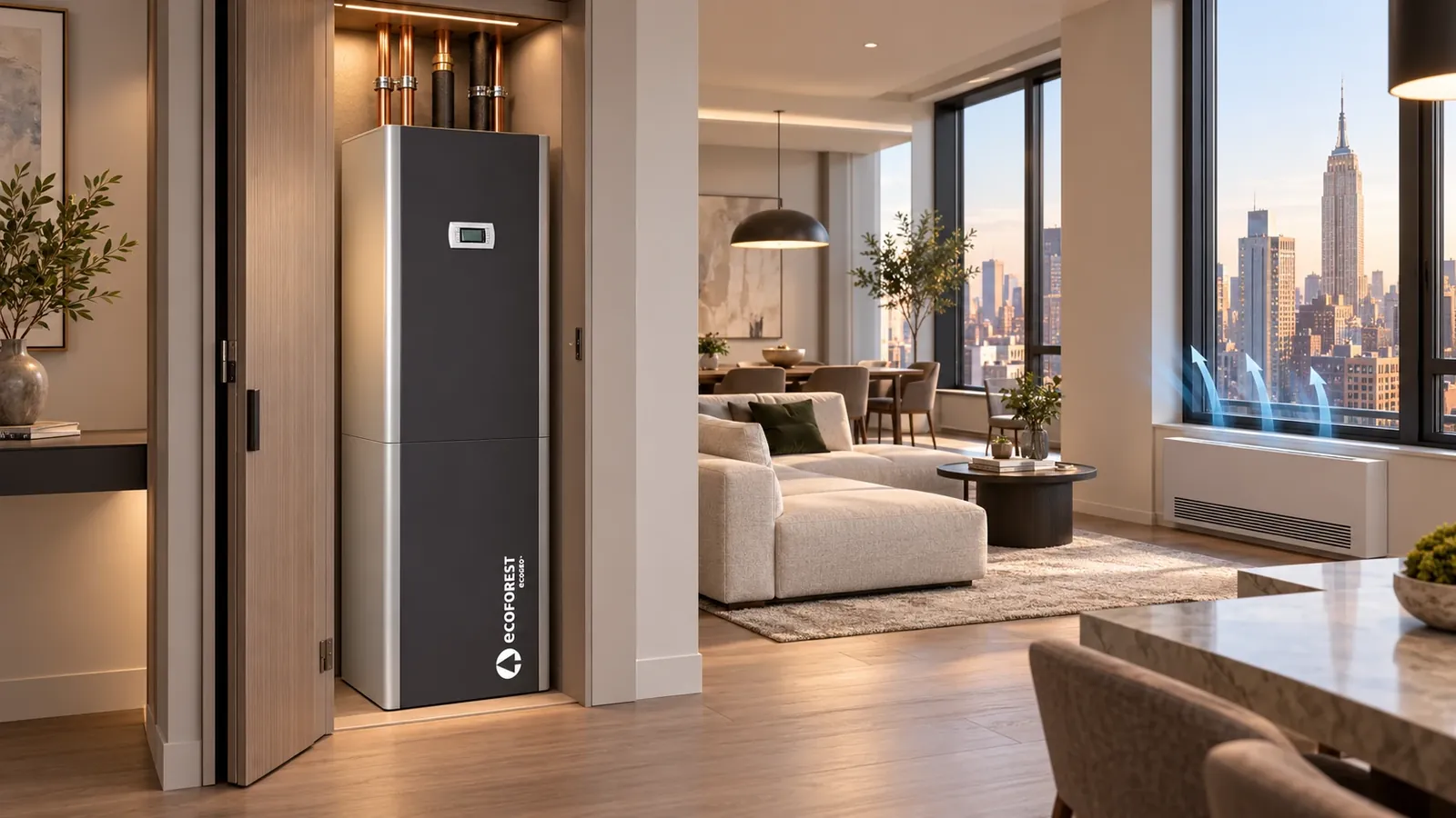 An apartment living room with a city view, a fan coil under the window and the Compact unit in a closet at the left