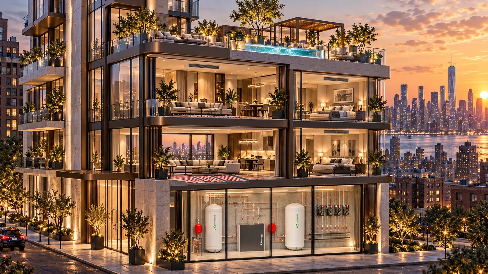 A cutaway of a luxury tower at sunset with a plant room on the ground floor, with ecoGEO+ HP units, white storage tanks and manifolds, and warm radiant floors above