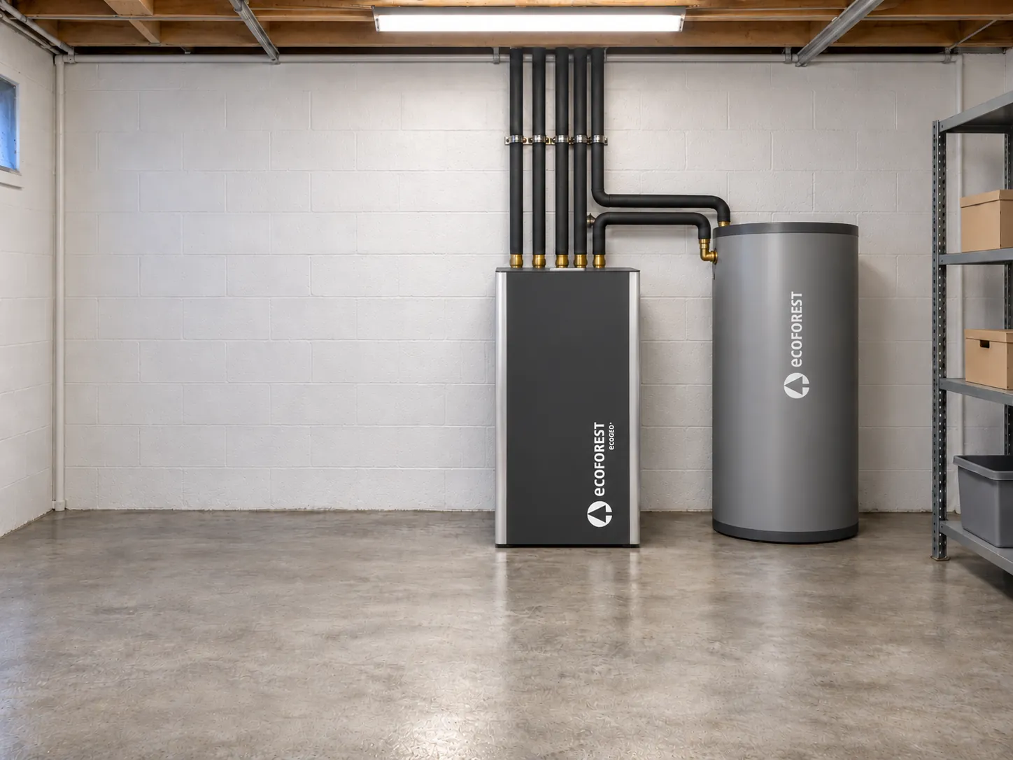 The same room renovated, with a clean white wall, a tidy ecoGEO+ unit and a grey storage tank