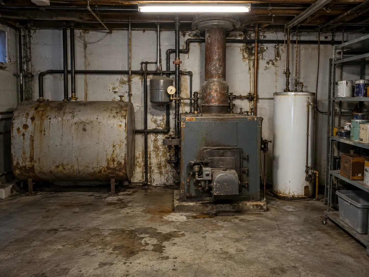 An old boiler room with a rusty oil boiler, a stained oil tank, an old water heater and worn pipes