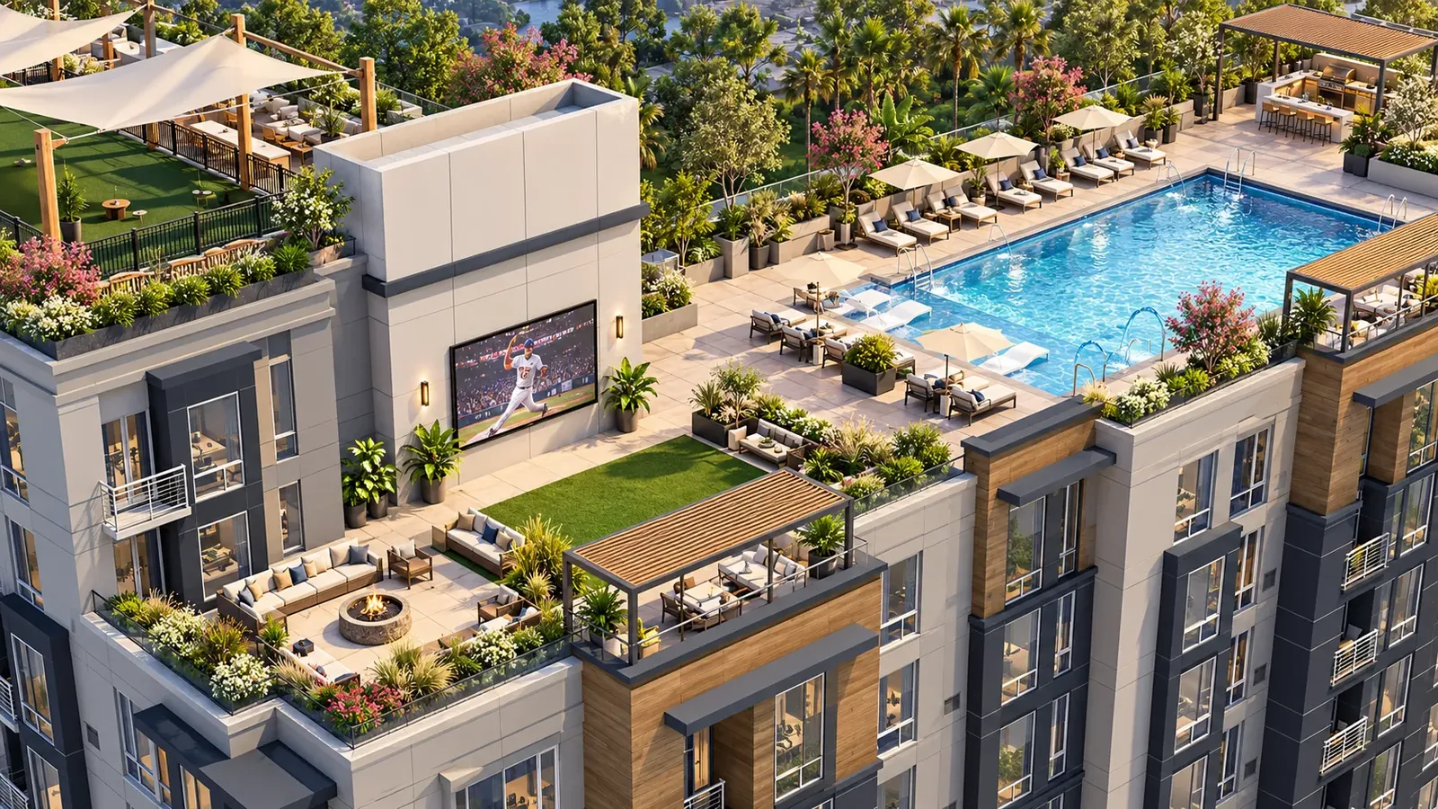 The same rooftop used as an amenity space, with a swimming pool, loungers, a fire pit, an outdoor screen, pergolas and gardens