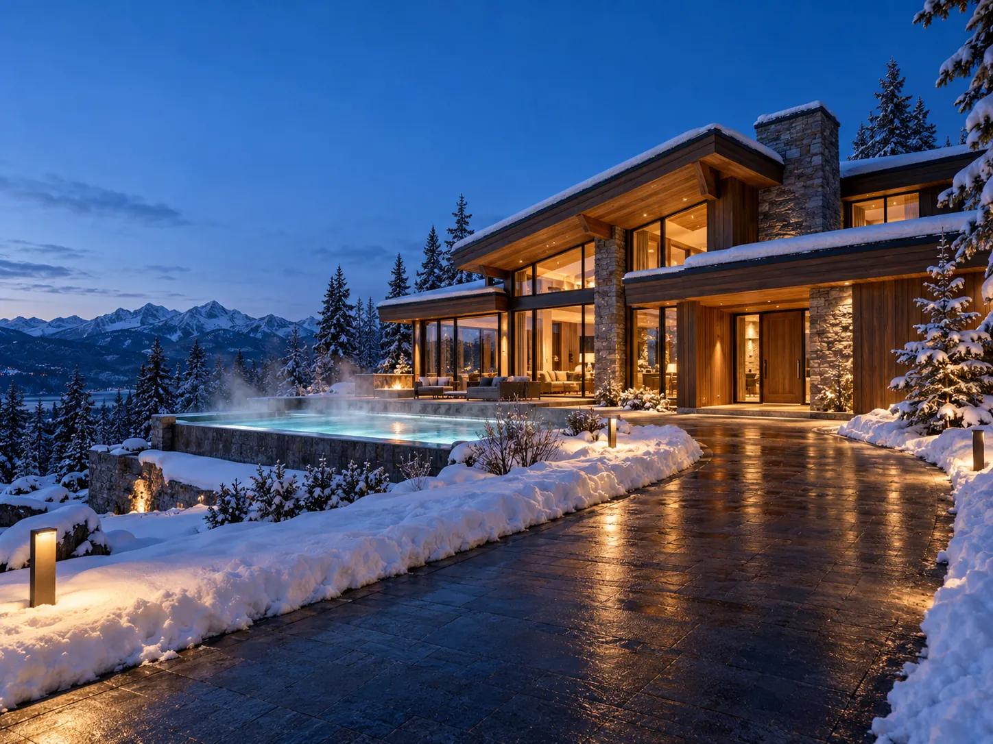 A timber-and-stone home at dusk in a snowy landscape, with a clear wet driveway and a steaming pool
