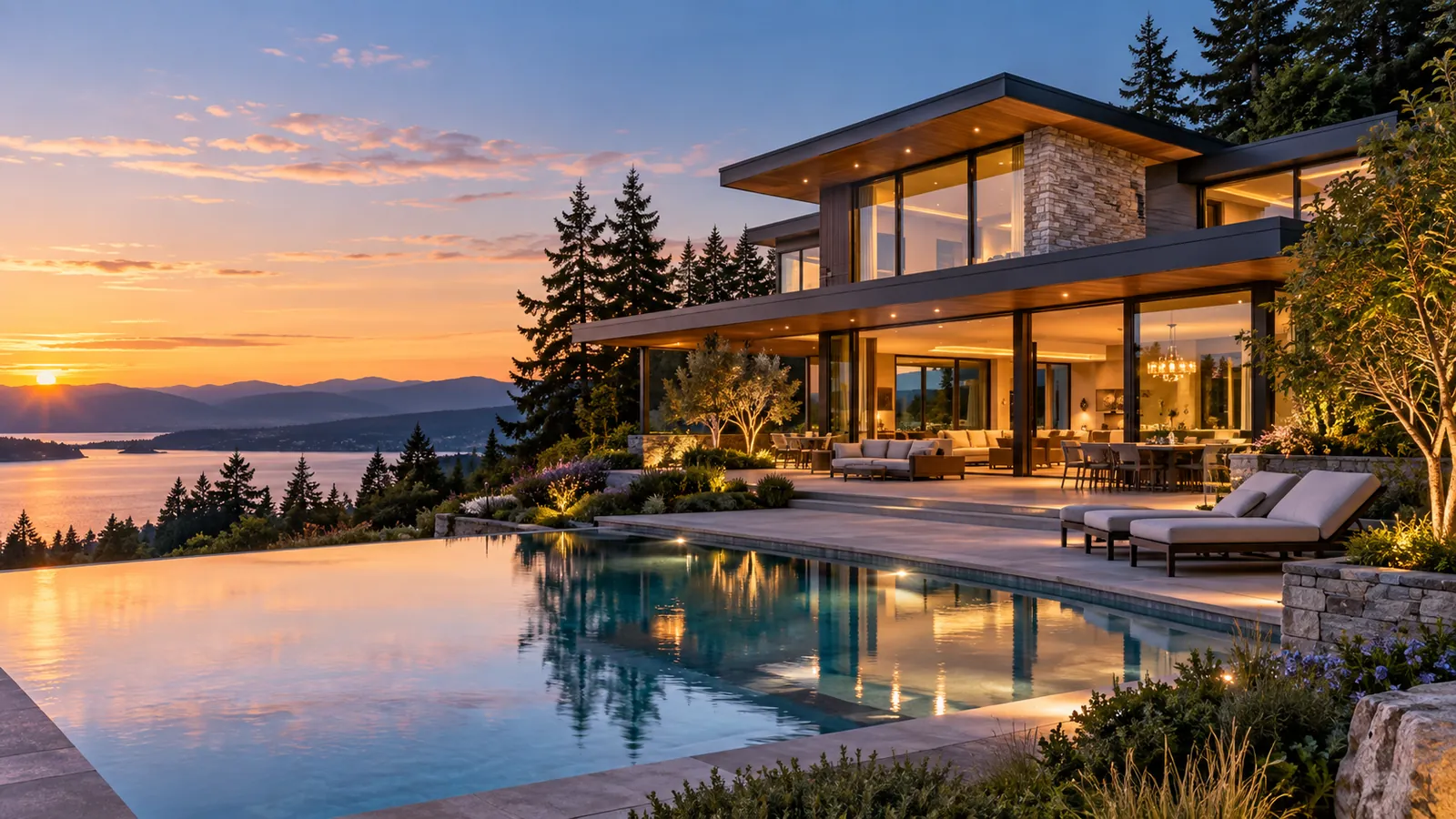 A modern home at dusk with an infinity pool and warm lit interiors