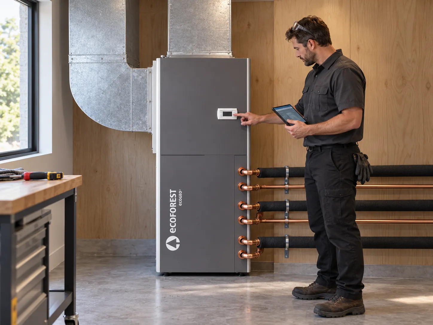 An installer checking the display of an ecoGEO+ WWA unit, with its air ducts and six copper pipes connected