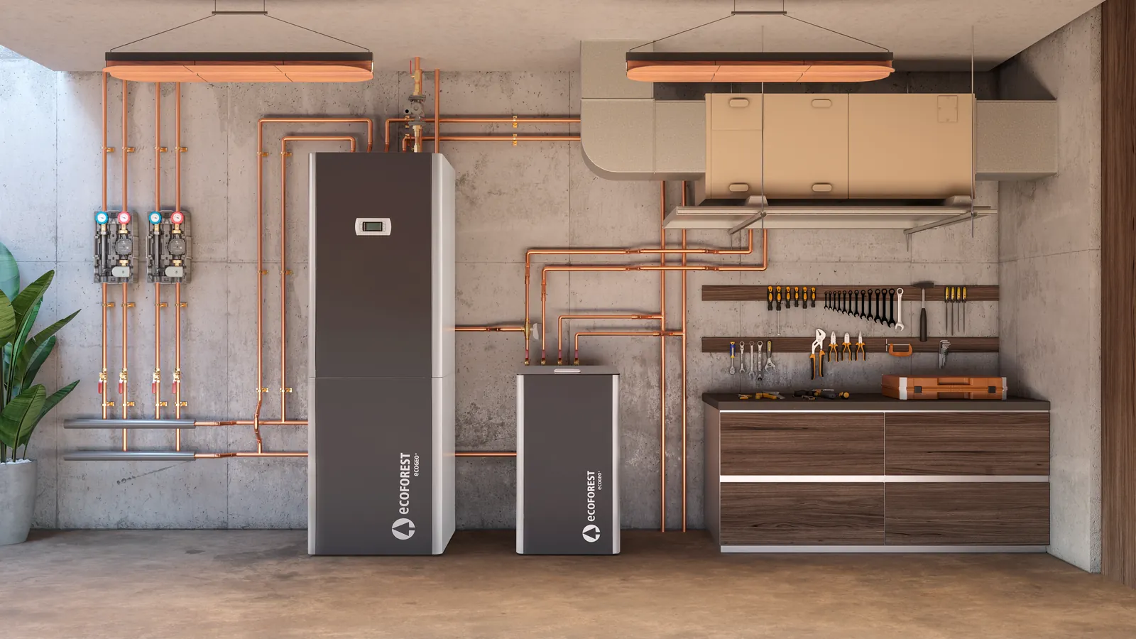 A tidy plant room with an ecoGEO+ unit, an air handler and copper hydronic manifolds