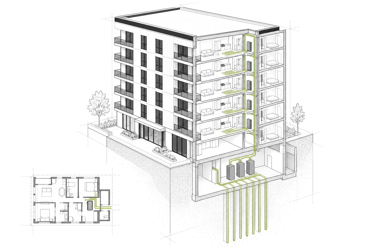 Isometric cutaway of a six-storey apartment building with a compact unit in every apartment, a plant room in the basement and boreholes below, joined by hairline green pipes