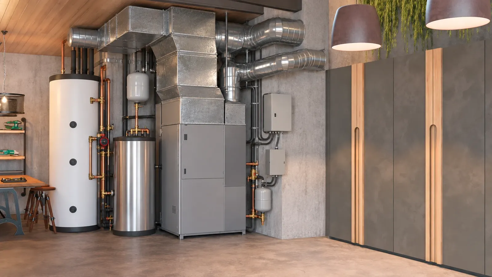 The same room with a conventional geothermal plant: a large buffer tank, a hot water tank, a grey heat pump, a duct trunk, control boxes and many pipes