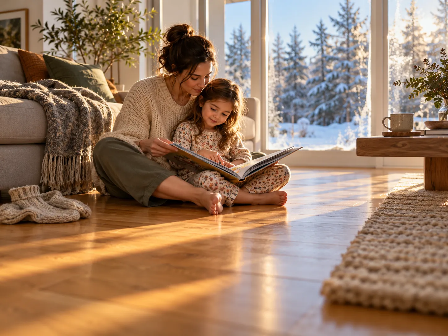 A mother and her daughter reading on a sunlit warm wood floor in a living room, with snow outside the windows and no radiator or vent in sight