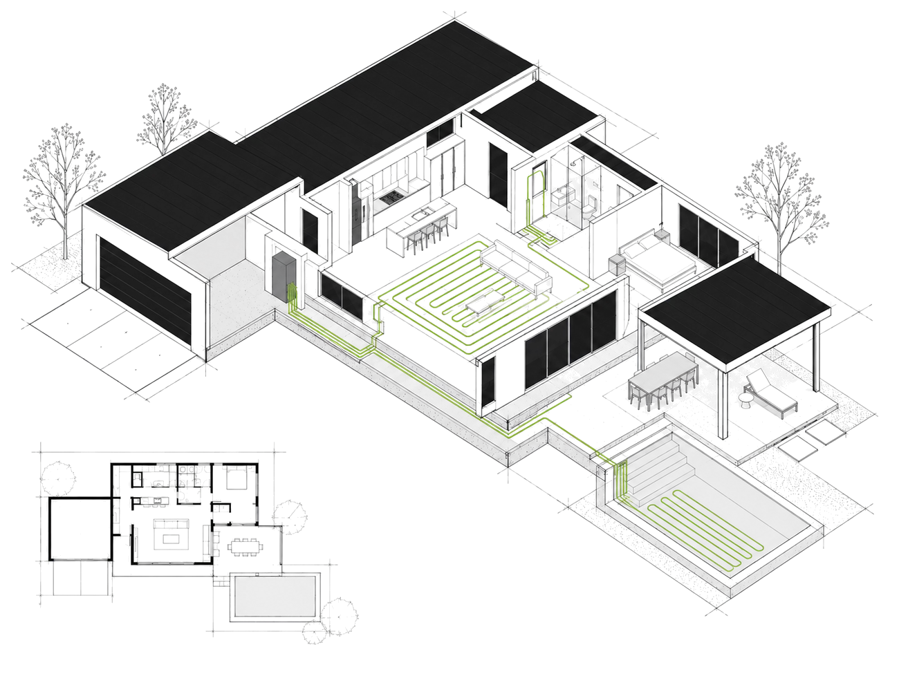 Isometric drawing of a modern house with a garage and pool, with hairline green pipes running from a utility room to the radiant floor, a bathroom and the pool