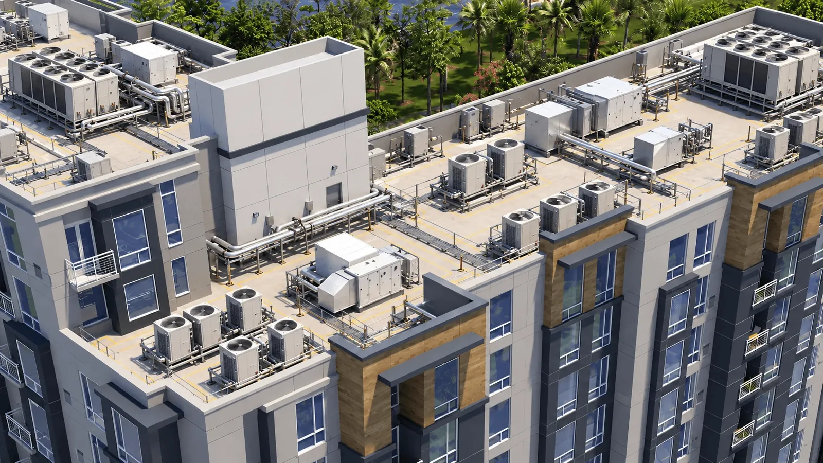 A rooftop covered in condensers, chillers, air handling units and pipe racks